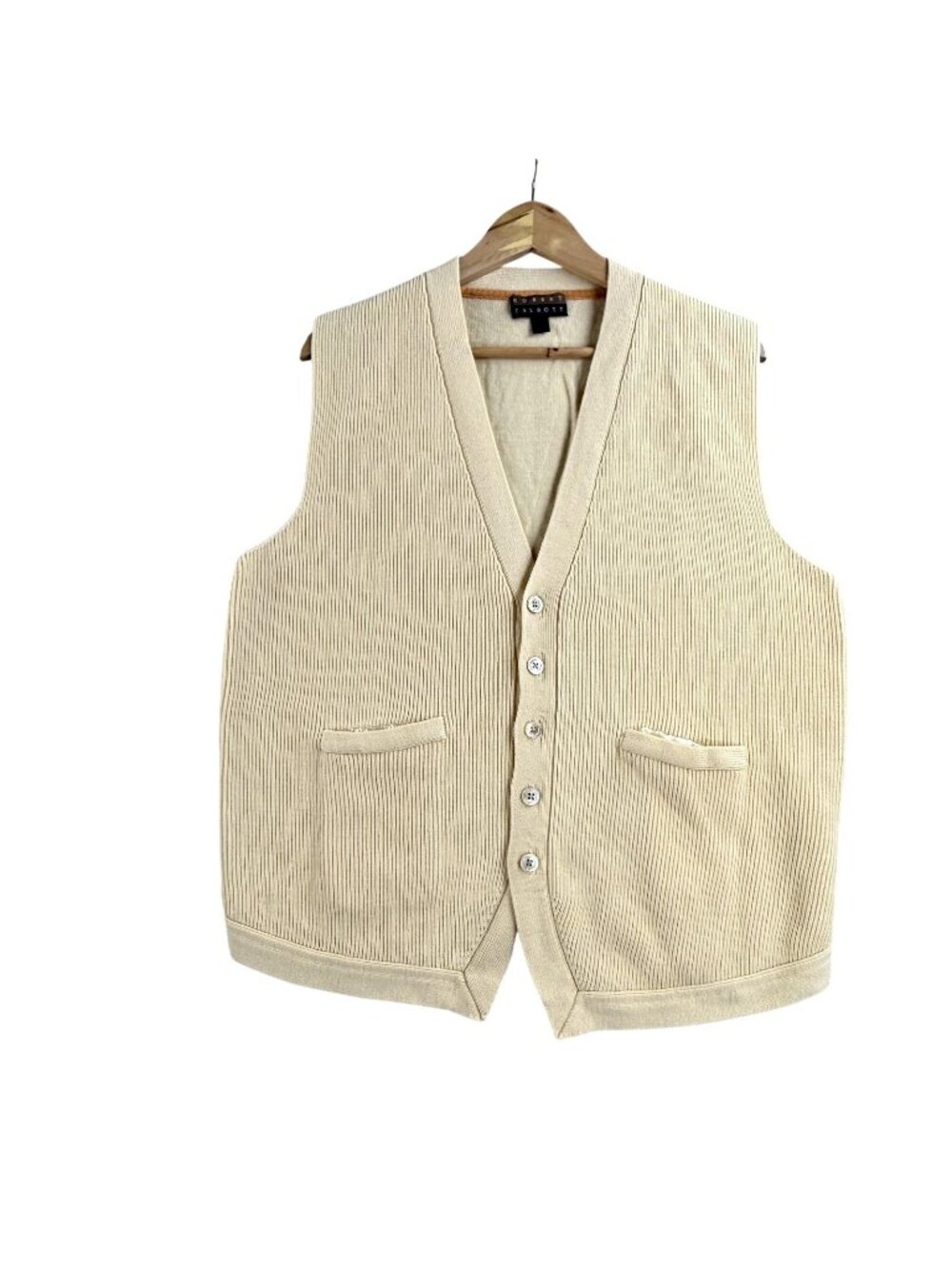 Robert Talbott Sweater Vest Mens XL Beige Merino Wool Button Front Knit Preppy